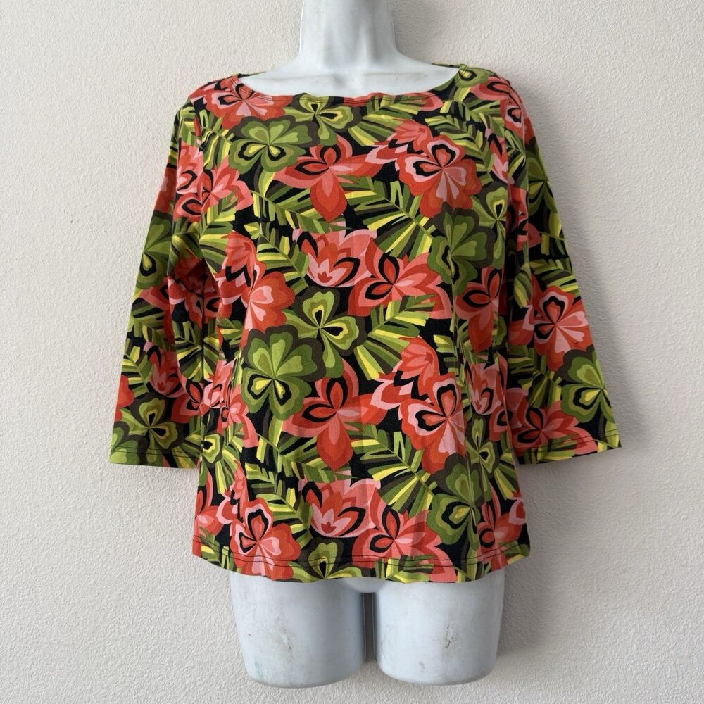 Talbots Tropical Floral Bateau Neck Top M Knit 3/4 Sleeve Resort Hawaii Flower